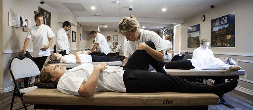 Student practicing osteopathy on a fellow student in the CAO's student clinic