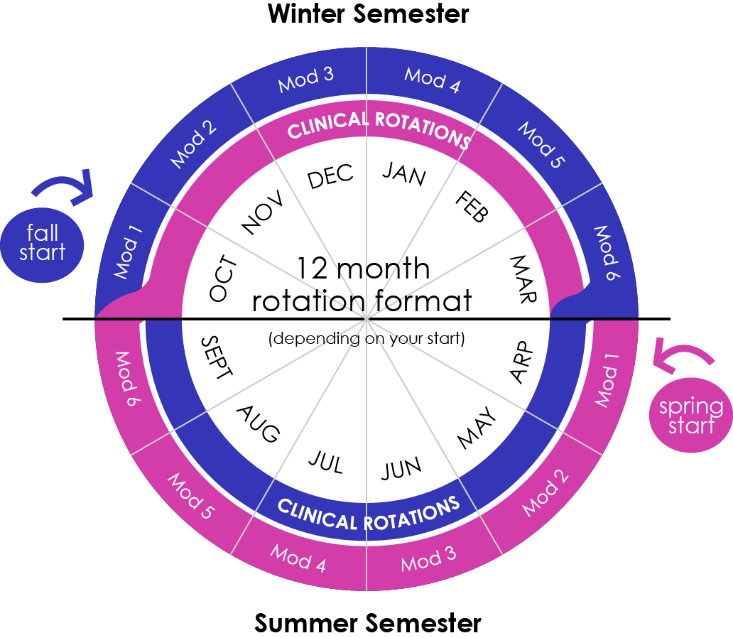 program semester cycle, a 12 month rotation format, 6 months of practical clinical training and 6 months of classroom training